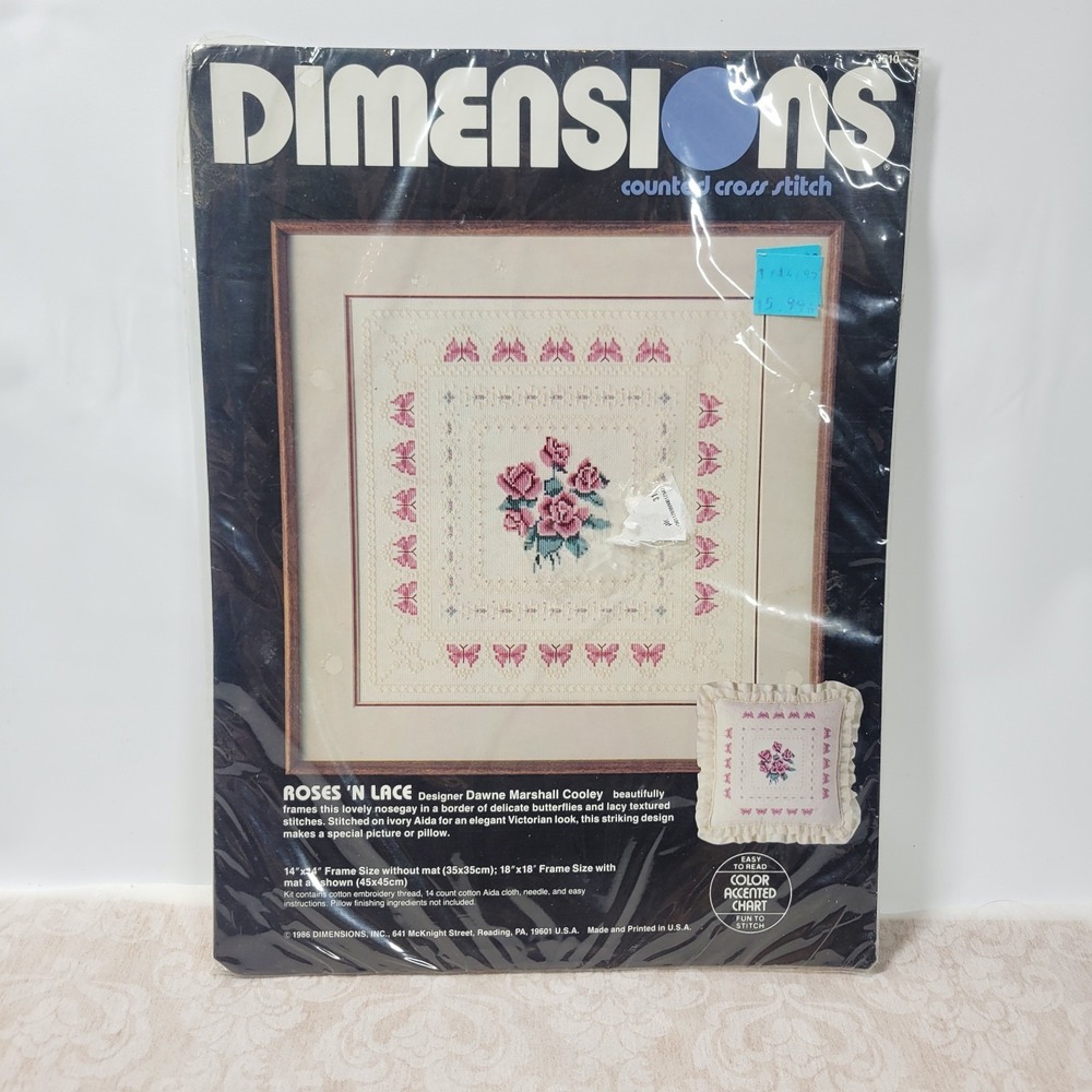 Vtg 1986 Dimensions Counted Cross Stitch Kit ROSES N LACE 14x14 New 3610